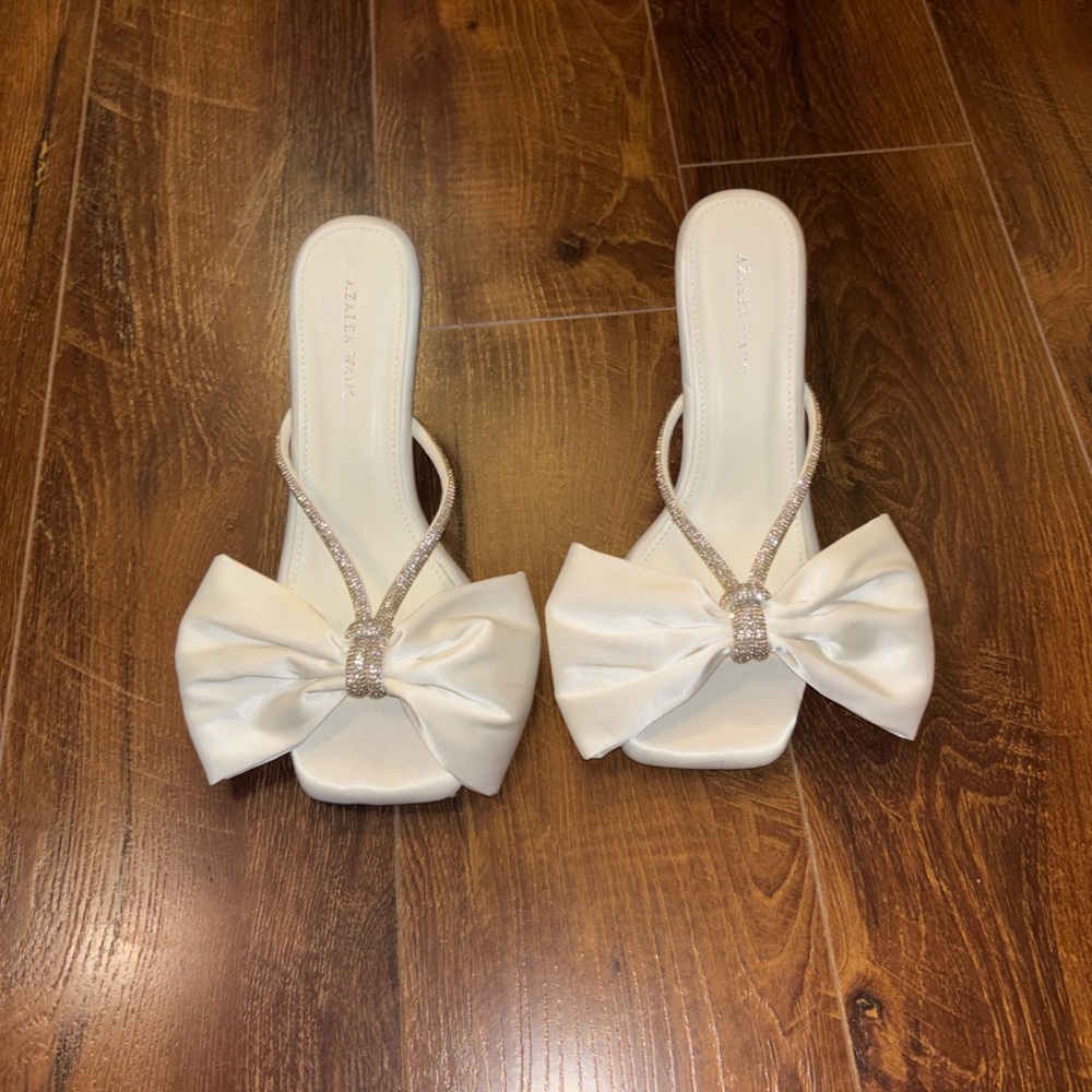 Satin Bow Slide Heels in White with Crystal Accent